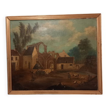 Ancient painting, French school of the 18th century, bucolic scene, ruins.