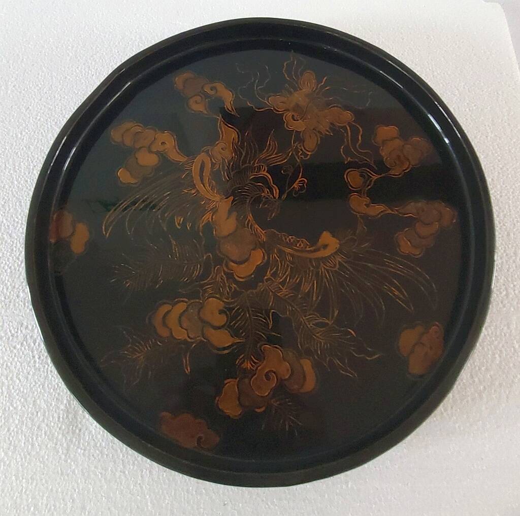 Japanese Art Round Lacquer Tray Gold Phoenix Bird Vintage