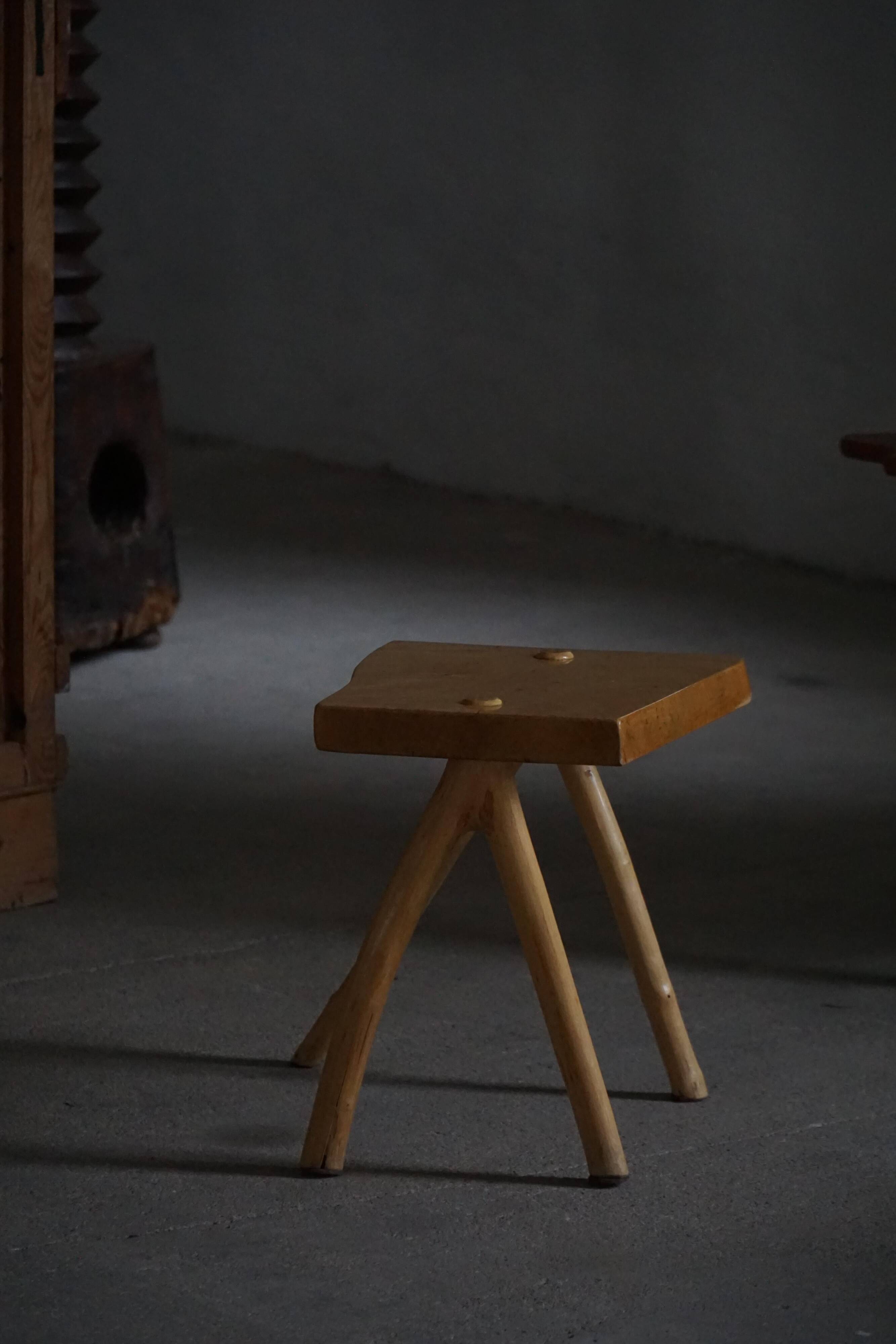 Wabi-Sabi stool in handmade birch, modern Scandinavian style, 1960s.