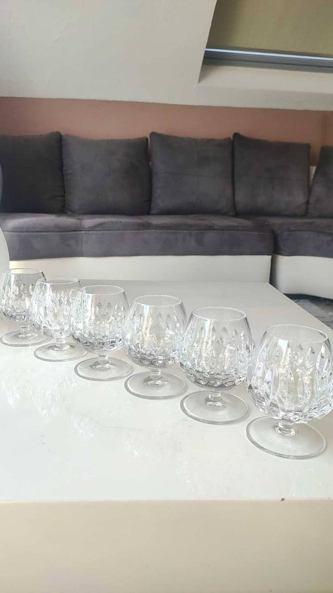 Lot 6 x Verres à Cognac en cristal taillé de Haute qualité. Gorham/Modèle Althéa. Design à double rangées d écailles