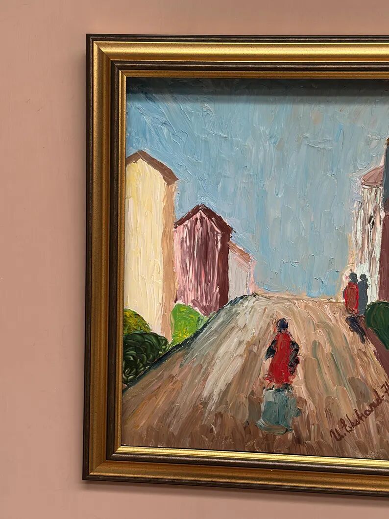 Original Swedish Oil on Panel – “Street Scene” by U. Ekshard – Signed – Dated 1971 – Vintage & Framed