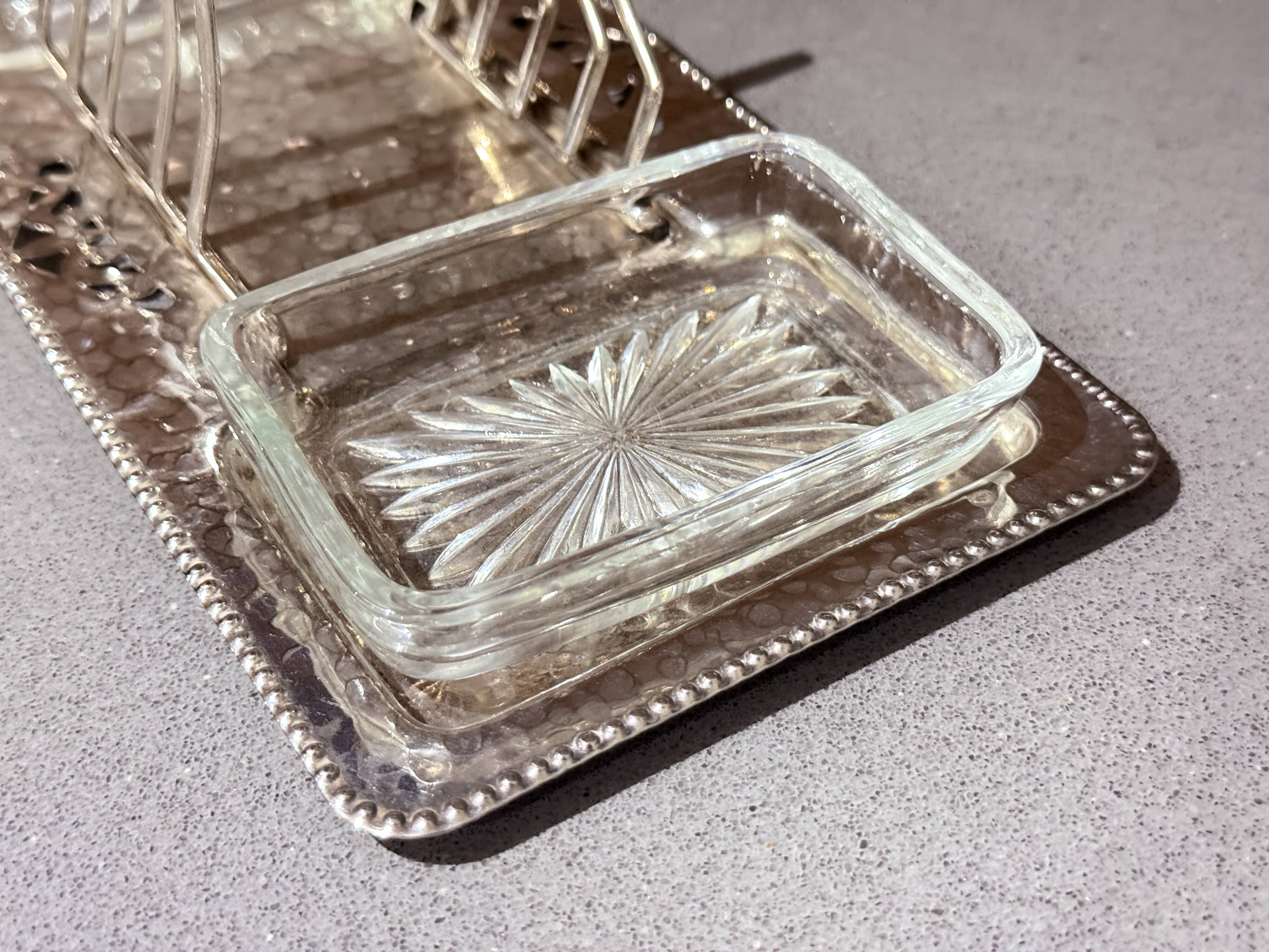 Art Deco Silver Plated Toast Rack, Matching Hammered Tray Crystal Butter Dishes