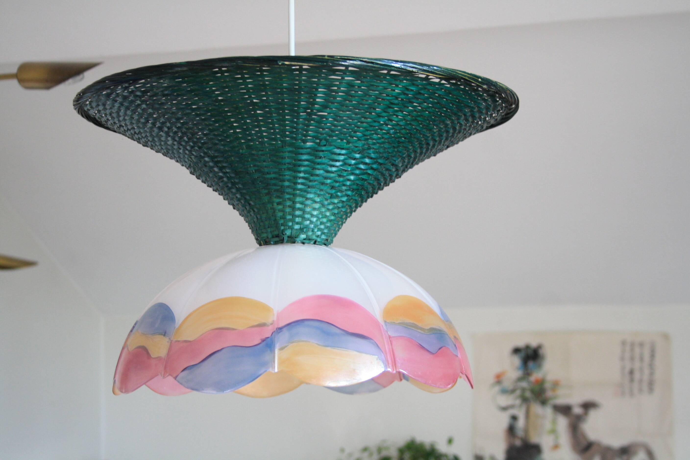 Suspension osier/rotin & verre vintage