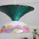 Suspension osier/rotin & verre vintage