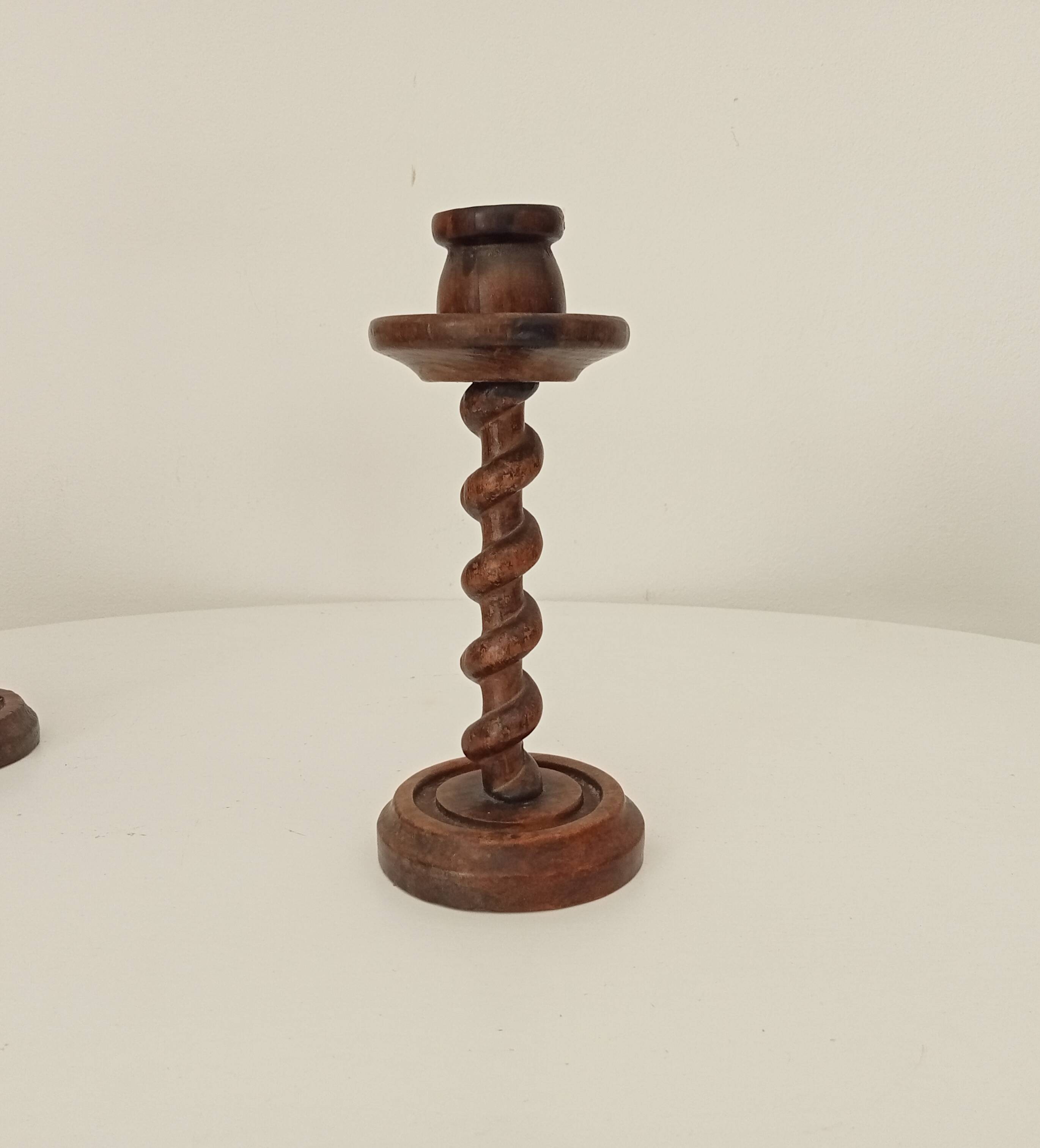 Vintage folk art turned wood candle holder
