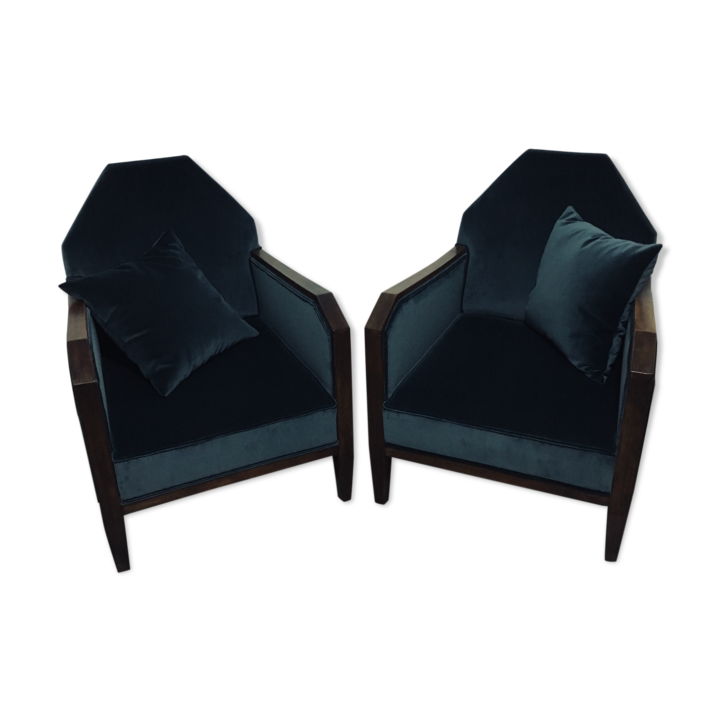 Pair of club chairs 1920 art-deco - cushions -velvet-fully restored