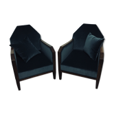 Pair of club chairs 1920 art-deco - cushions -velvet-fully restored