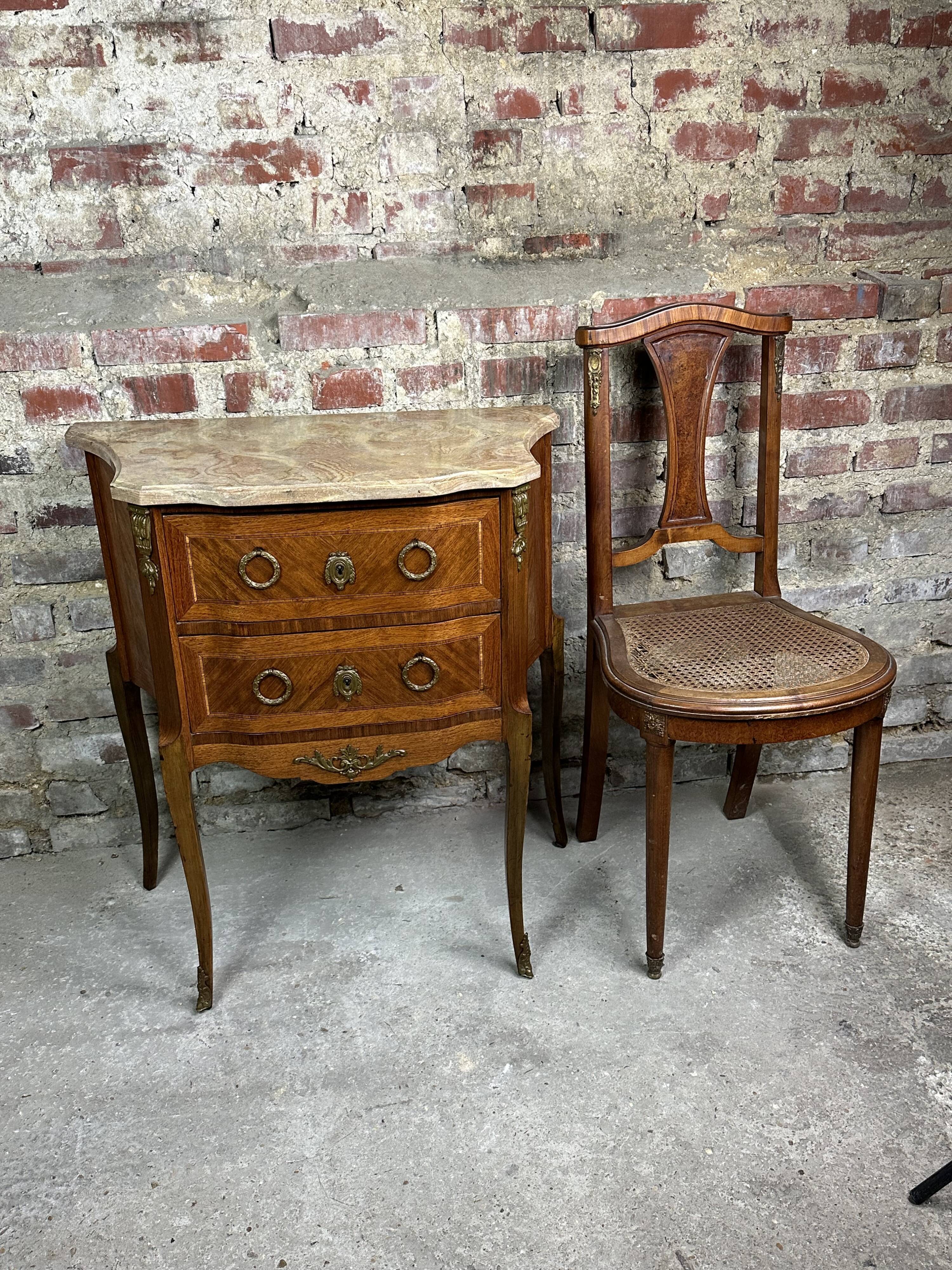 Louis XV/XVI transition style curved chest of drawers in marquetry and bronze