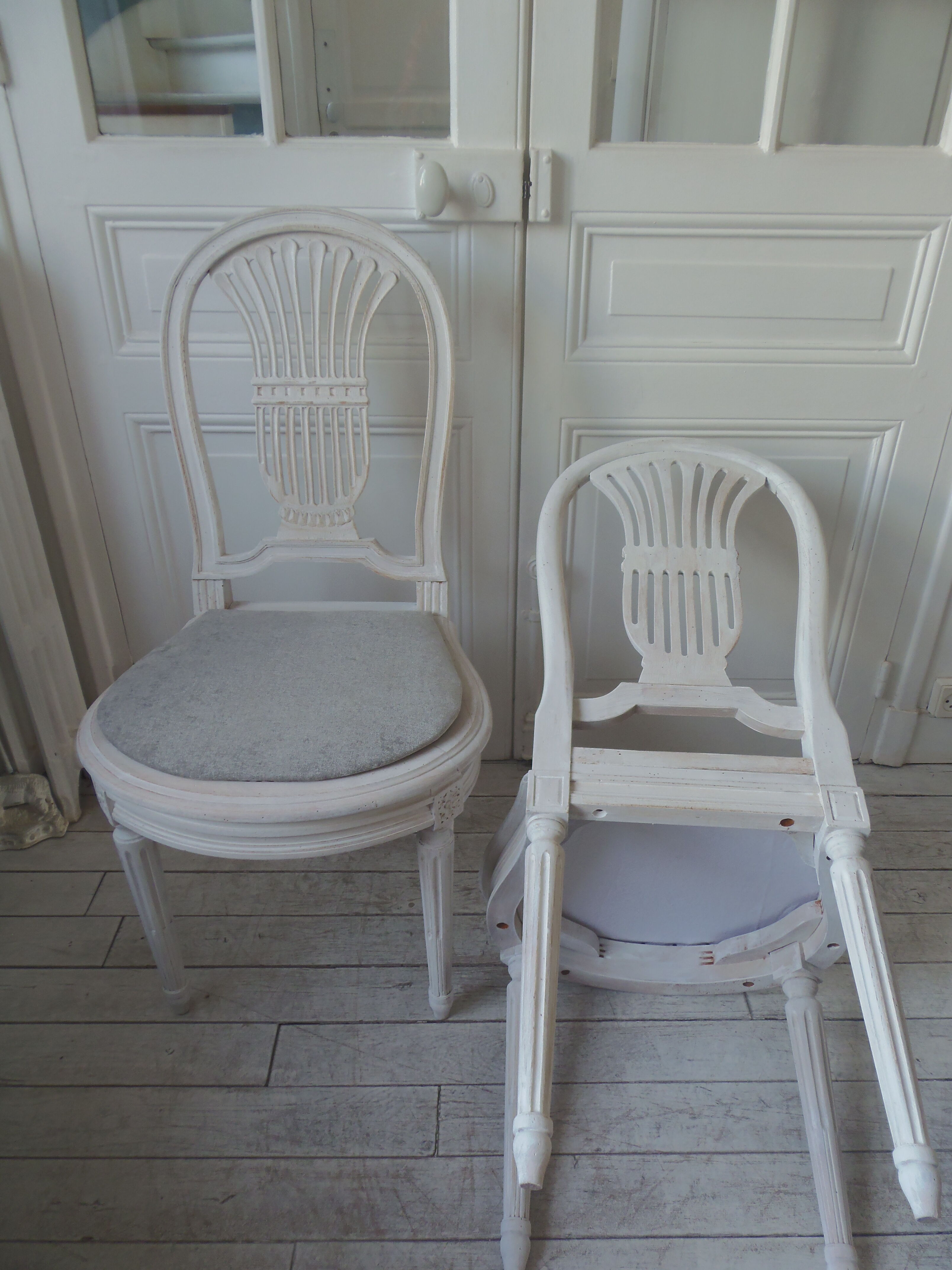 2 louis xvi style chairs beautiful patina chalk bills, seats dressed in gray velvet