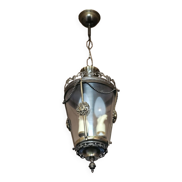Lanterne plafonnier en bronze patiné et verre fumé – style Louis XVI