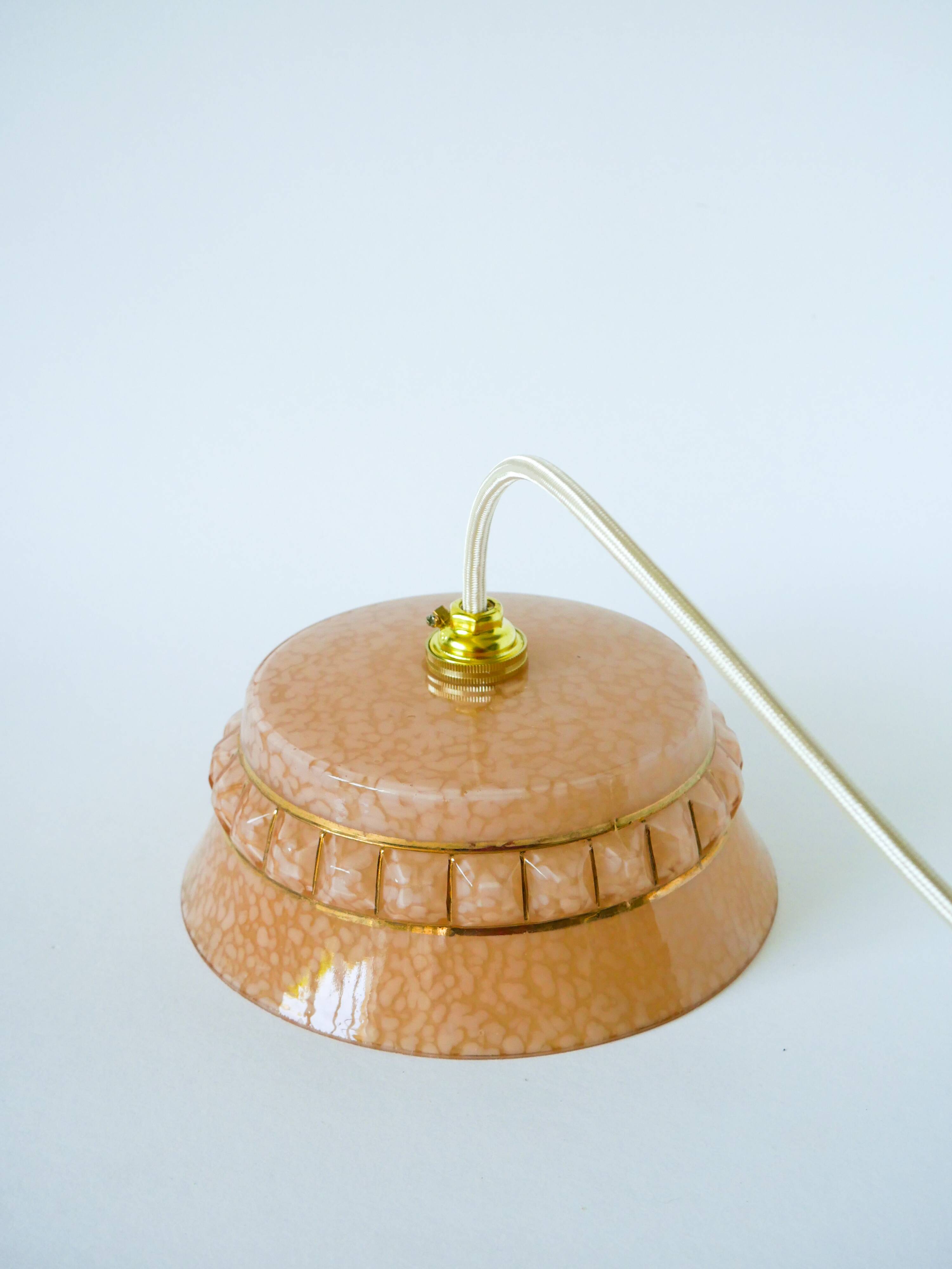 Clichy glass pendant light, pink and gold, Art Deco, 1930