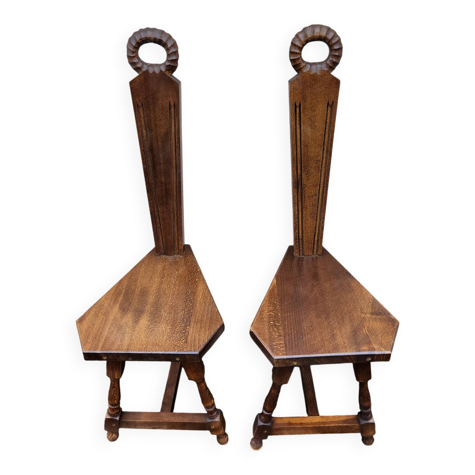 2 three-legged chairs made of solid wood