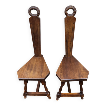 2 three-legged chairs made of solid wood