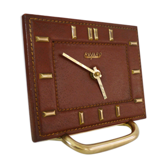 Table clock, pendulum, Bayard in leather covered brown and brass