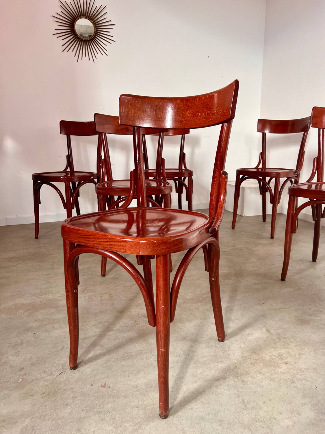 Set of 6 vintage 70s curved varnished wood bistro chairs