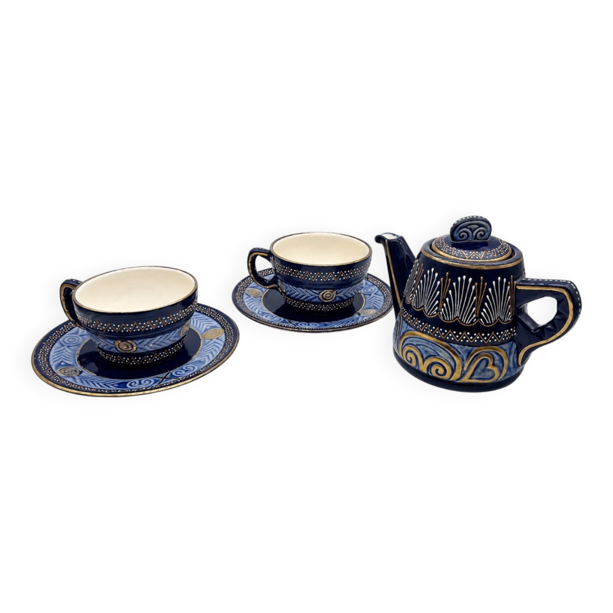 HB Quimper cobalt blue tea set teapot and 2 earthenware cups