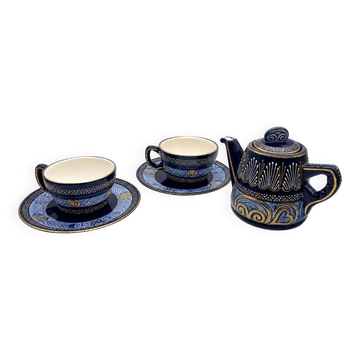 HB Quimper cobalt blue tea set teapot and 2 earthenware cups