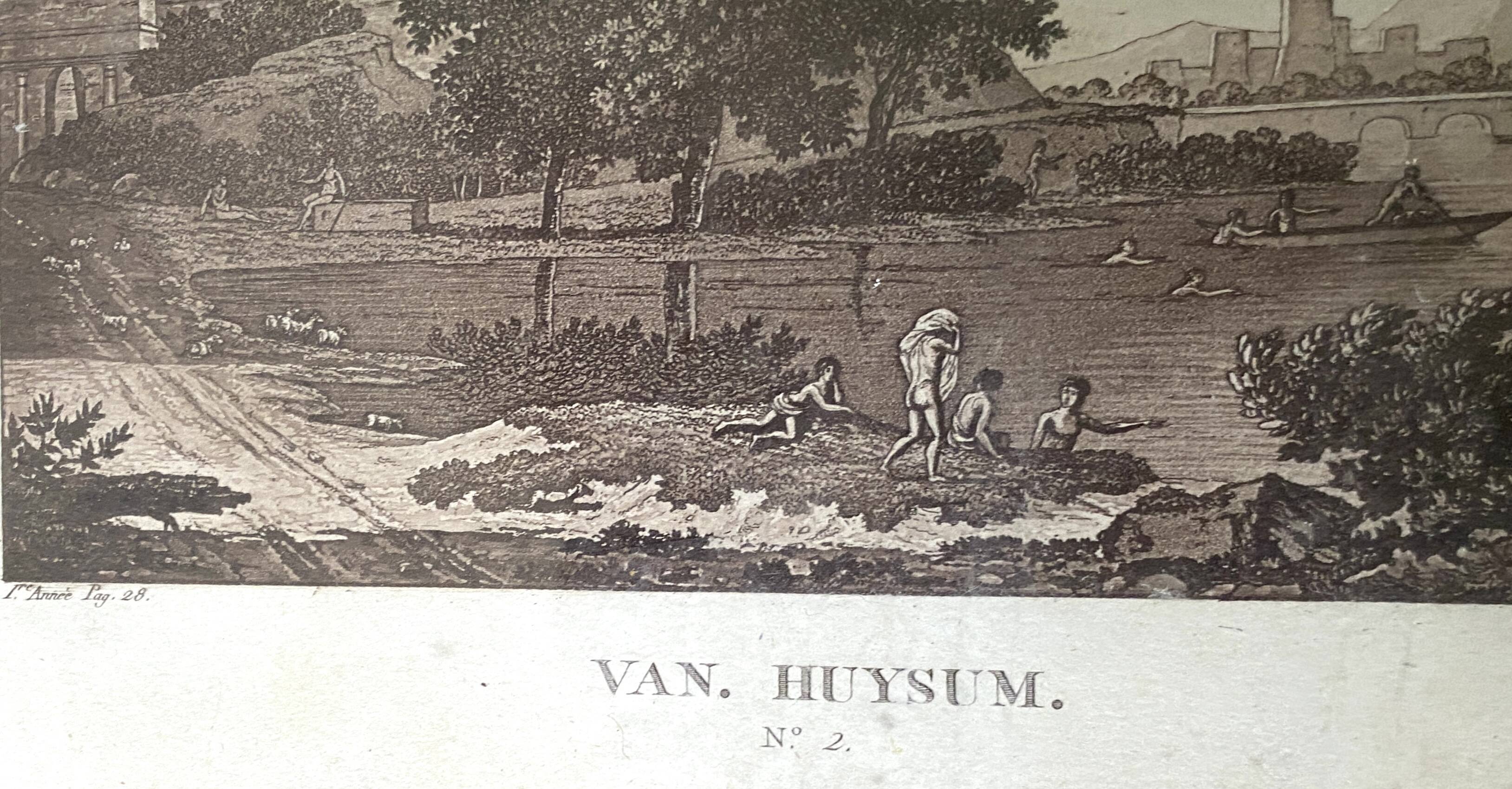 19th century engraving, landscape and naked bathers, glazed wooden frame