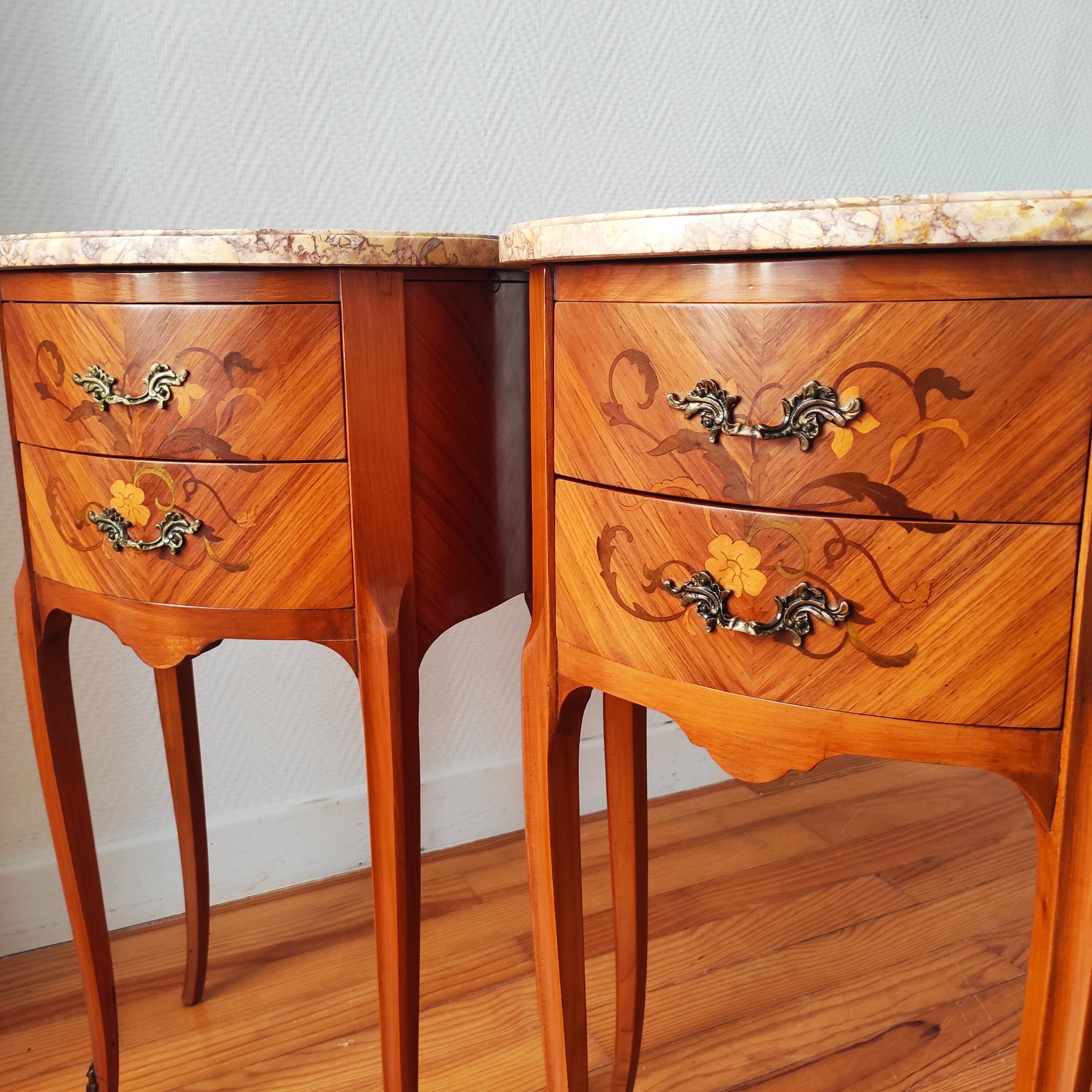 Pair of Louis XV style bedside tables in wood and marble