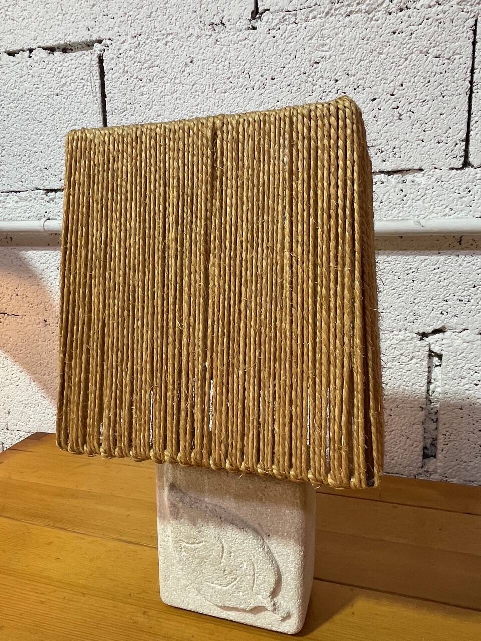 Vintage stone lamp with a cord lampshade from the 1970s.