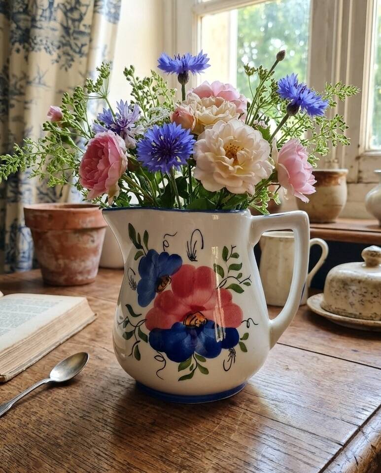 Vintage Ceramic Jug Hand-Painted, Flower Vase