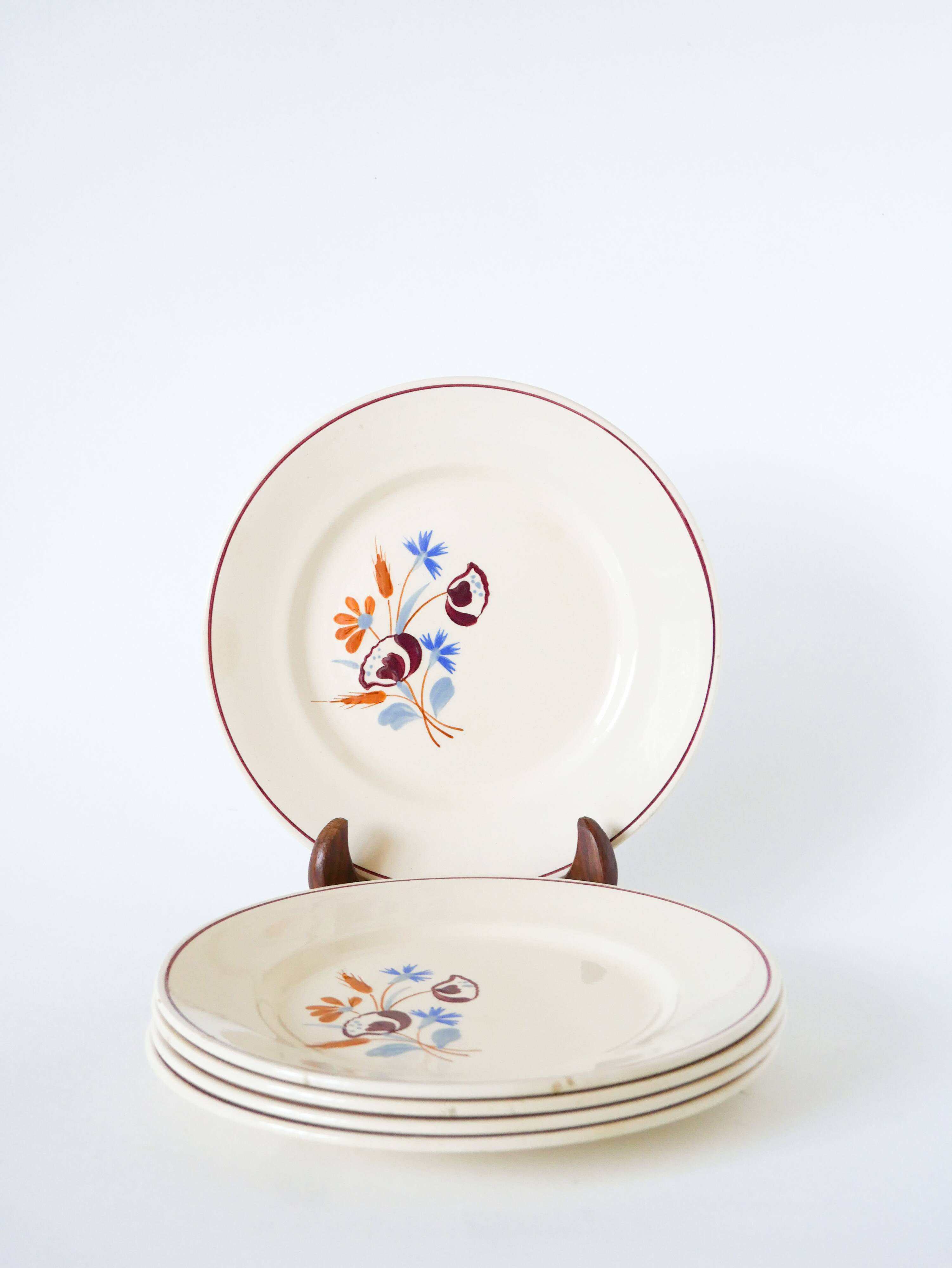Set of 5 dessert plates Salins, hand-painted flower patterns, 1950.