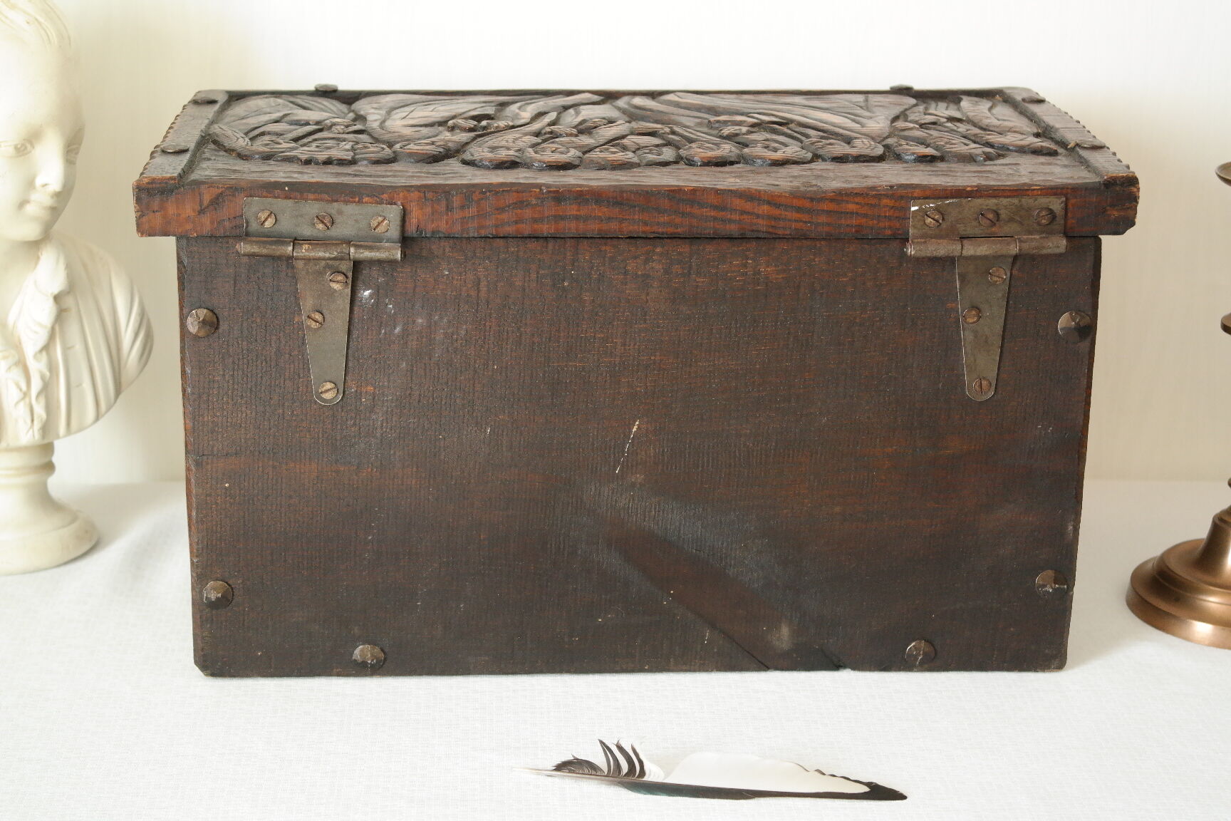 Carved wooden chest bas-reliefs artisanal XXth