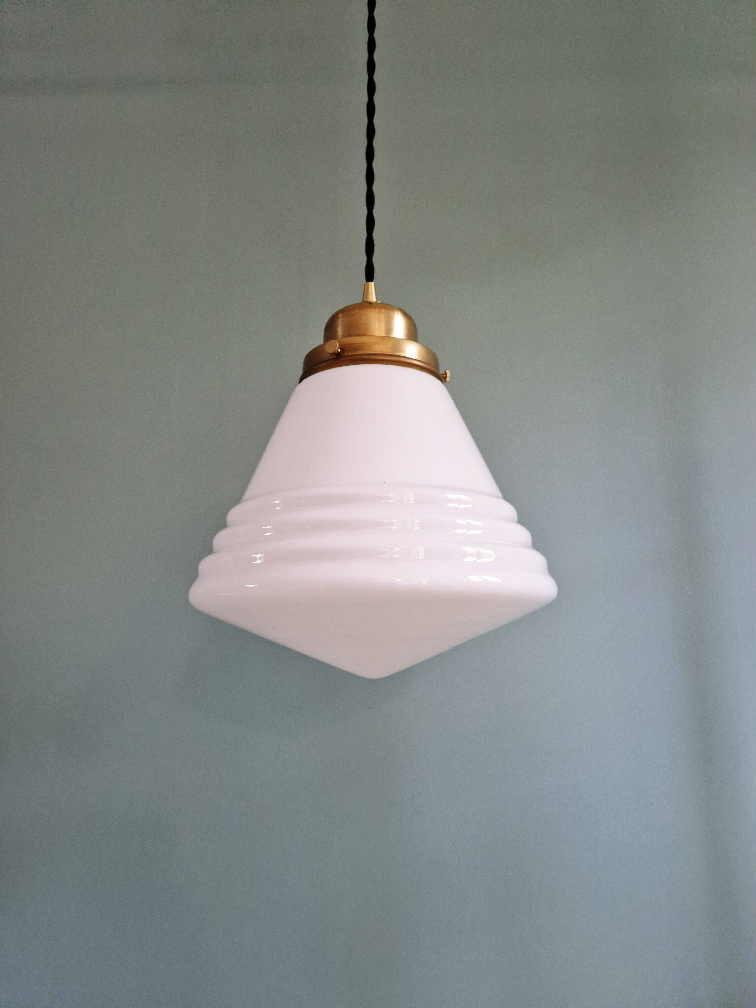 Art Deco Philips suspension in white opaline, 1930 (2 available)