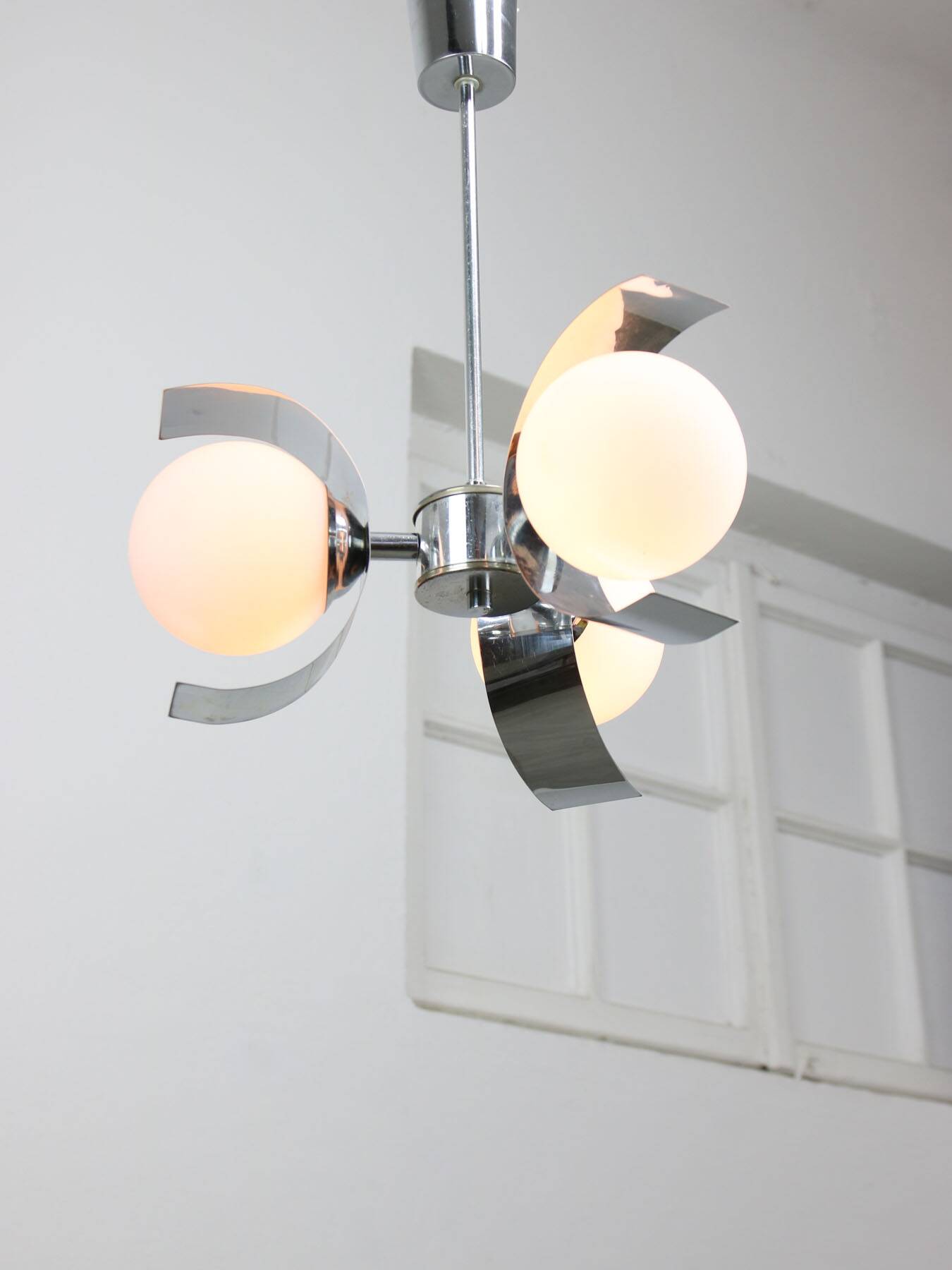 Vintage italian chrome and opaline chandelier, 70s