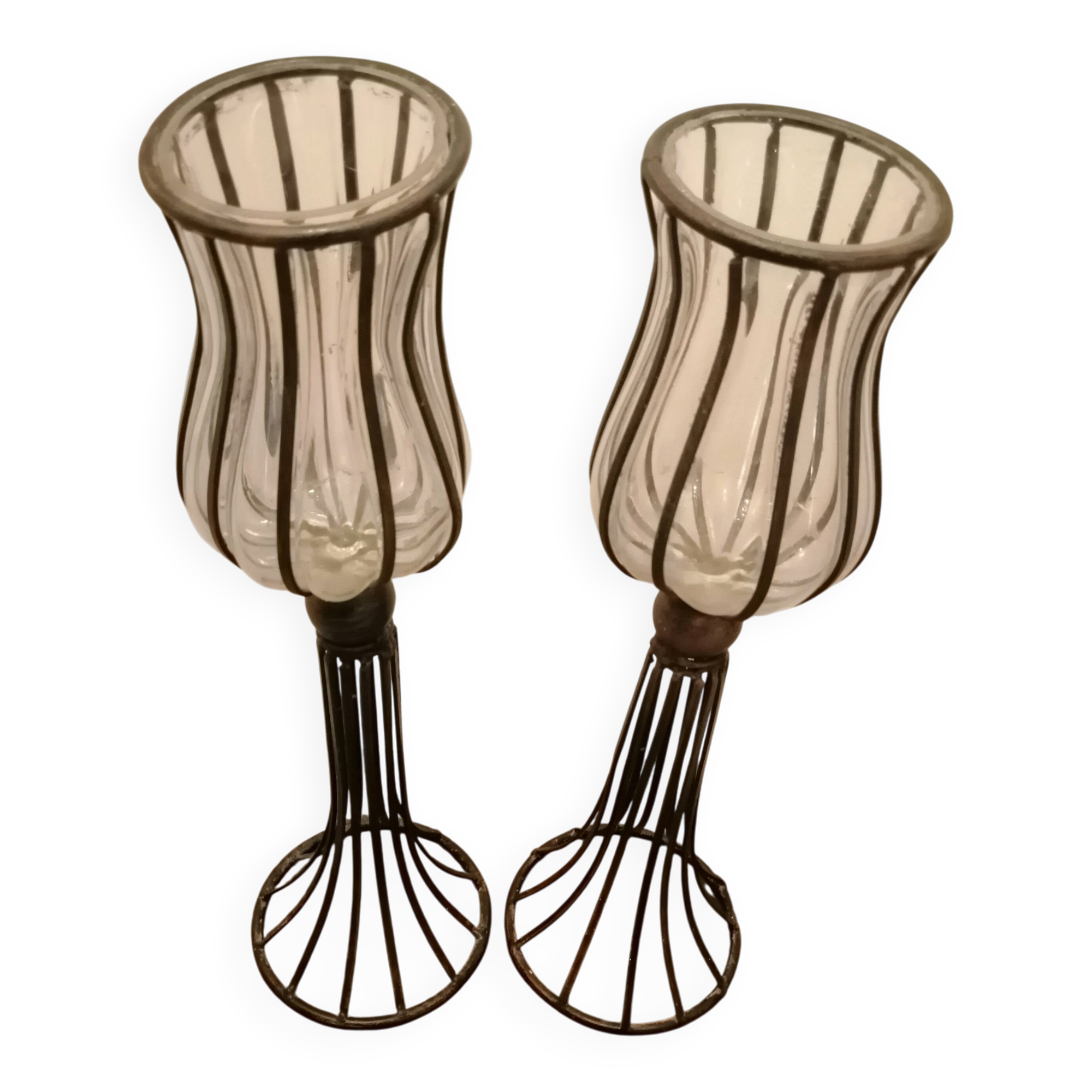 Pair of vintage/retro glass and metal vases