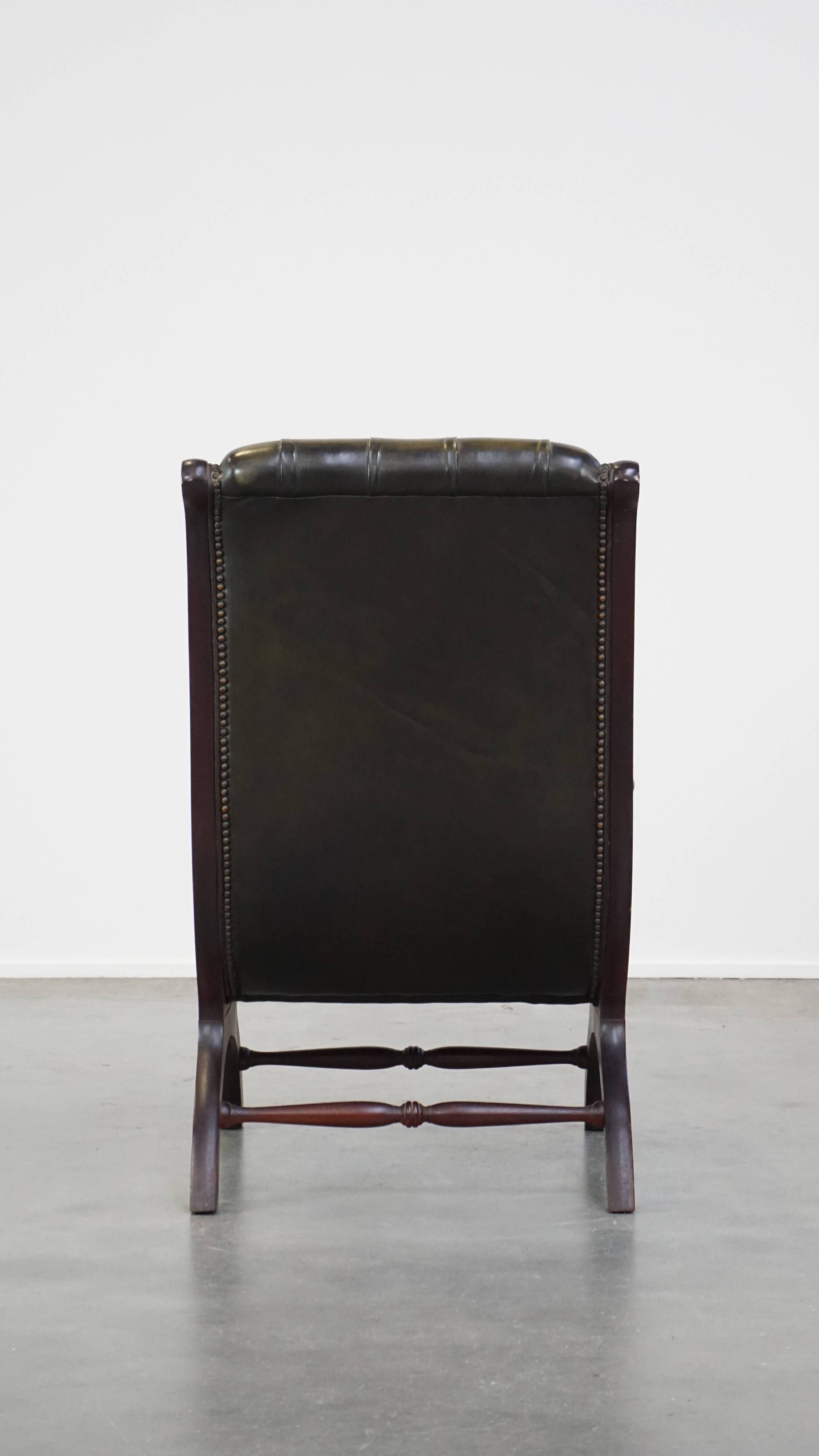 Green cow leather chesterfield armchair combined with wood