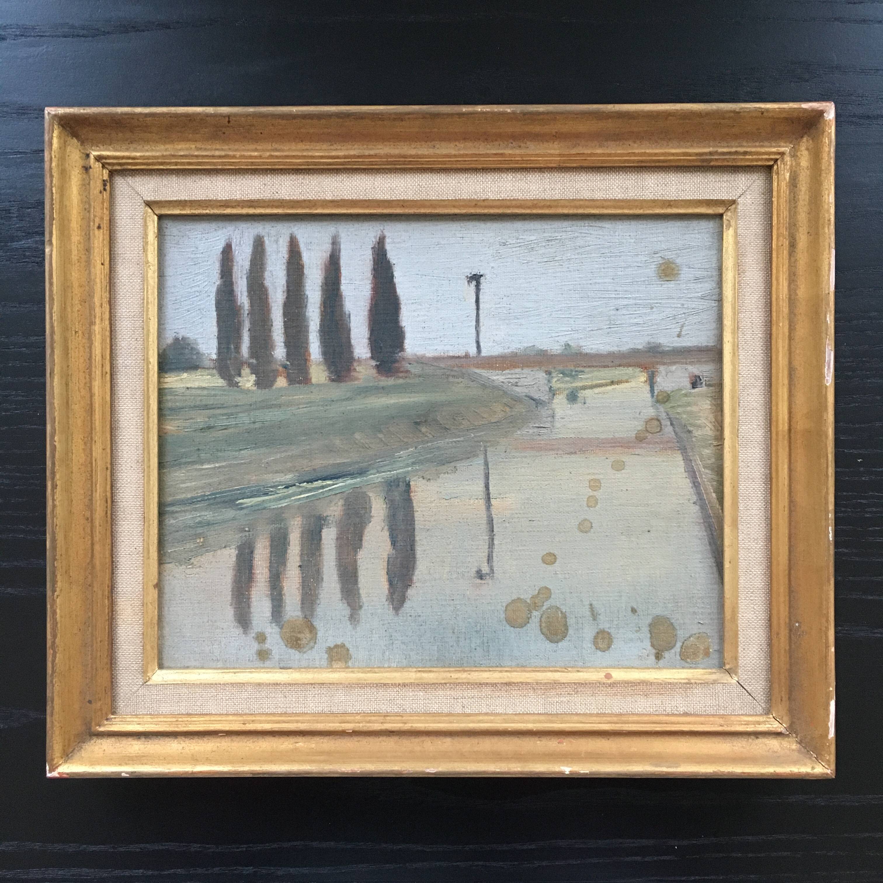 River landscape painting with cypresses