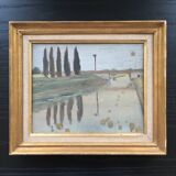River landscape painting with cypresses