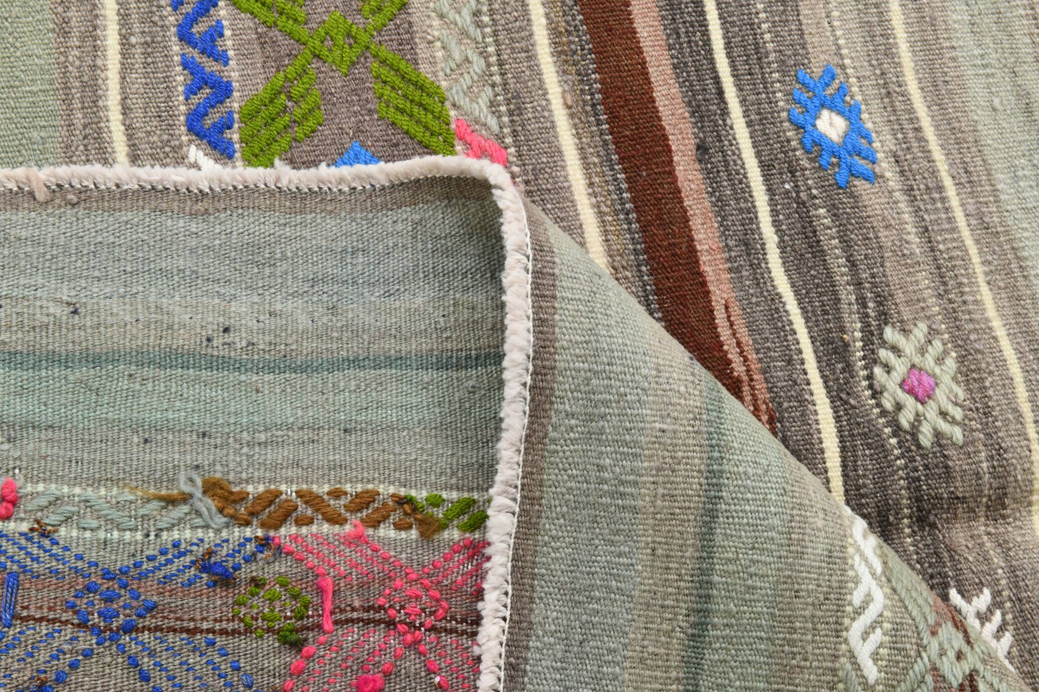 5x7 Gray & Green Pinstriped Turkish Kilim Rug, 147x218Cm