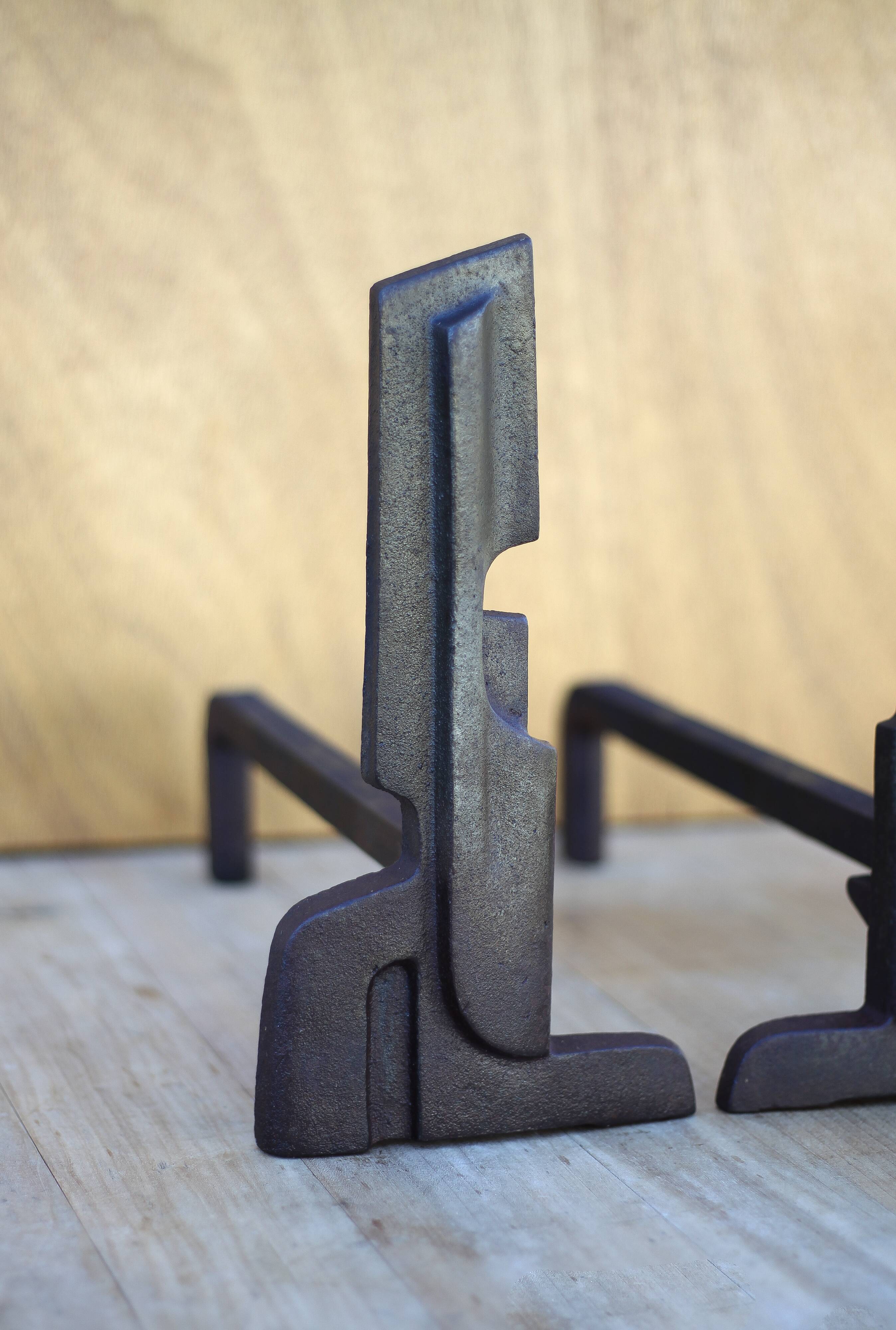 Vintage fireplace andirons France, wrought iron and cast iron andirons, modernist, brutalist, deco