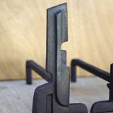 Vintage fireplace andirons France, wrought iron and cast iron andirons, modernist, brutalist, deco