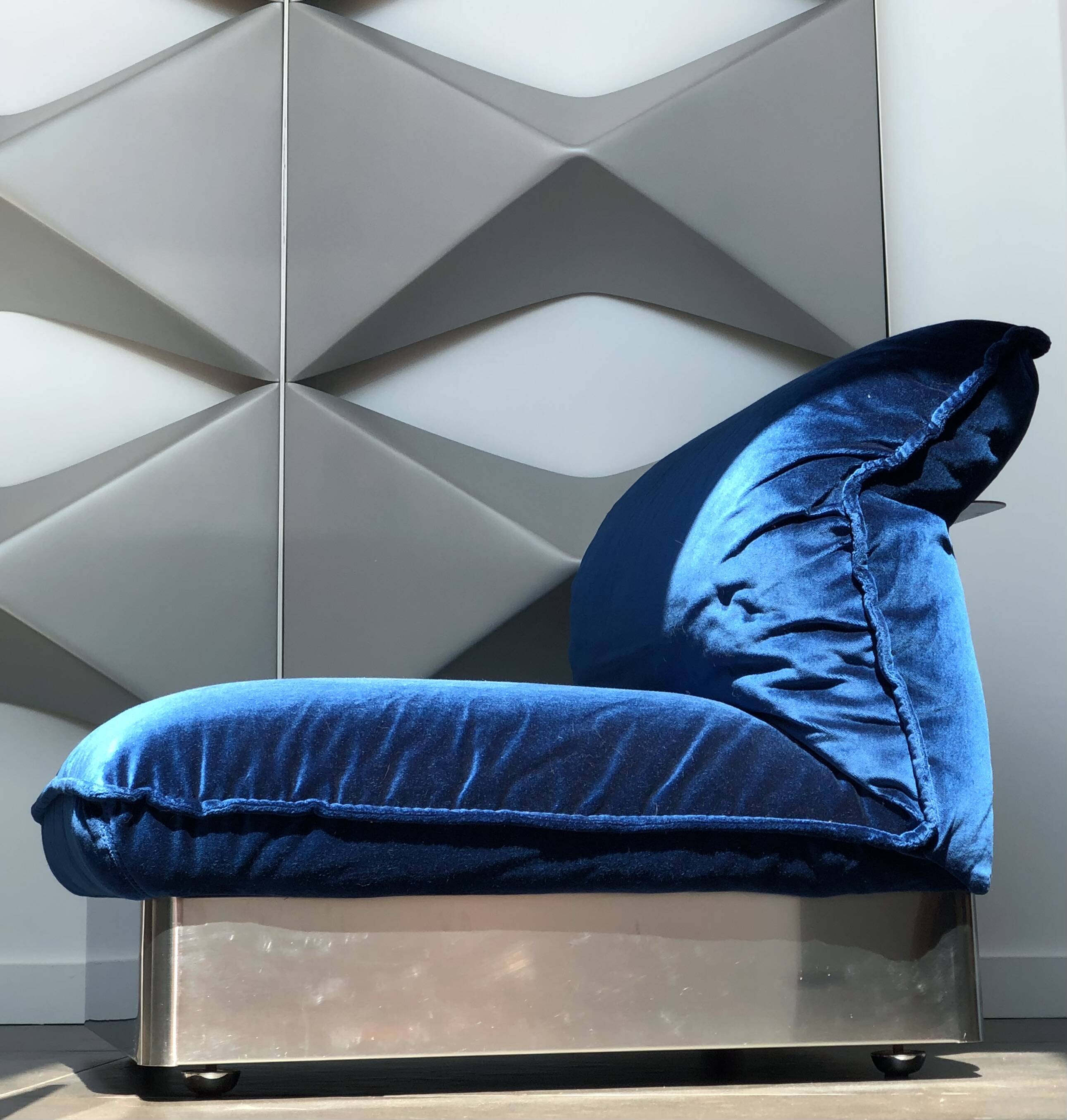 Stainless steel and royal blue velvet armchair, France, 1970s