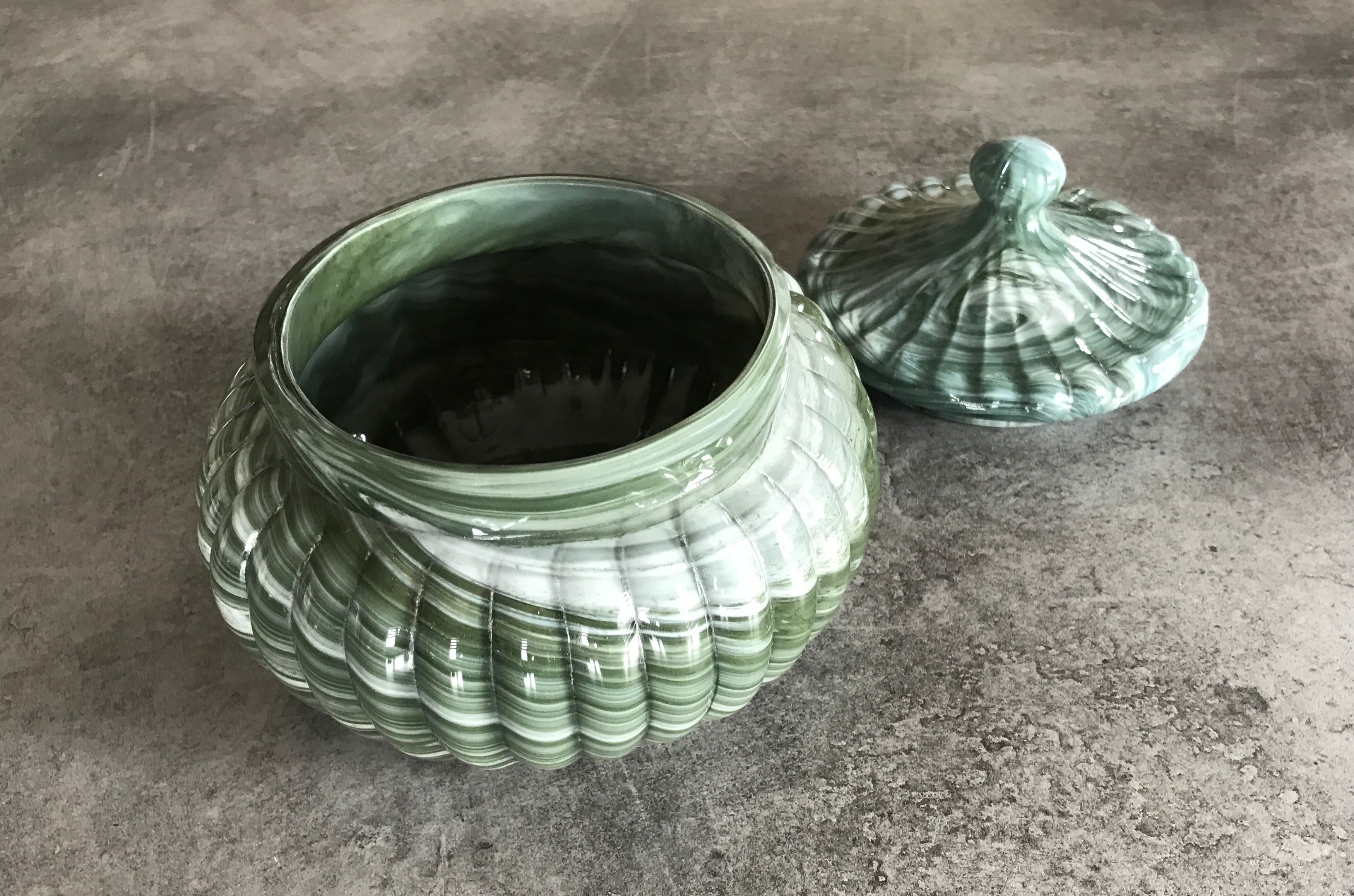Old candy pot in glass molded effect green and white 12.5 cm