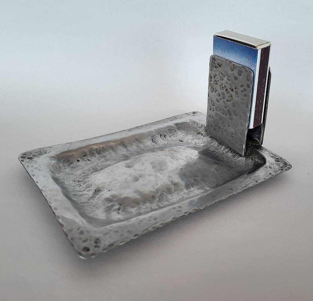 Arts and Crafts Pewter Ashtray and Matches Holder Hammered