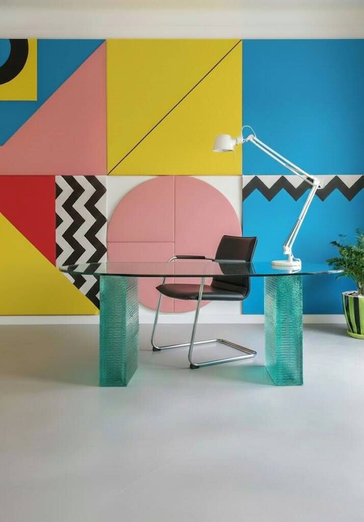 Solid glass desk with a half-moon top.