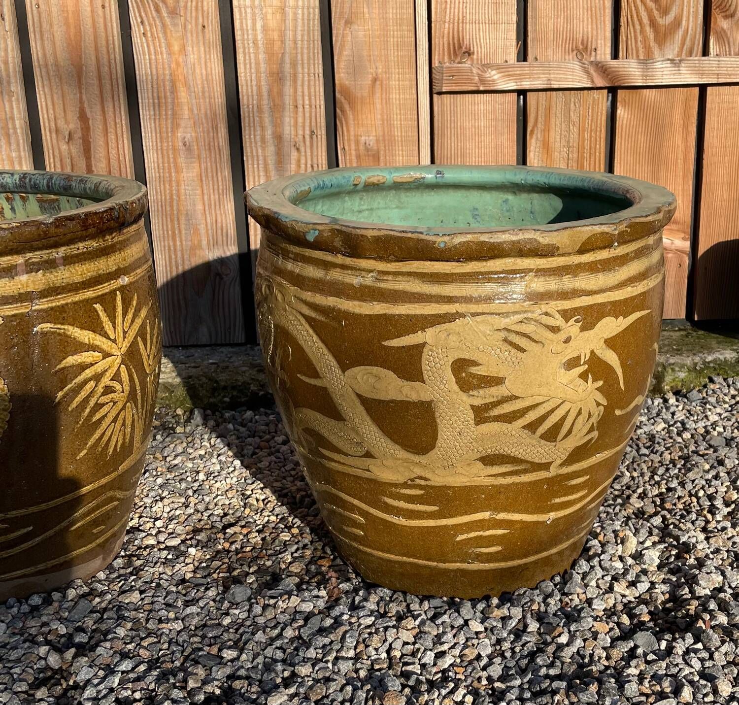Two Antique Chinese Very Large Terracotta Pot Dragon Planting Plant Egg