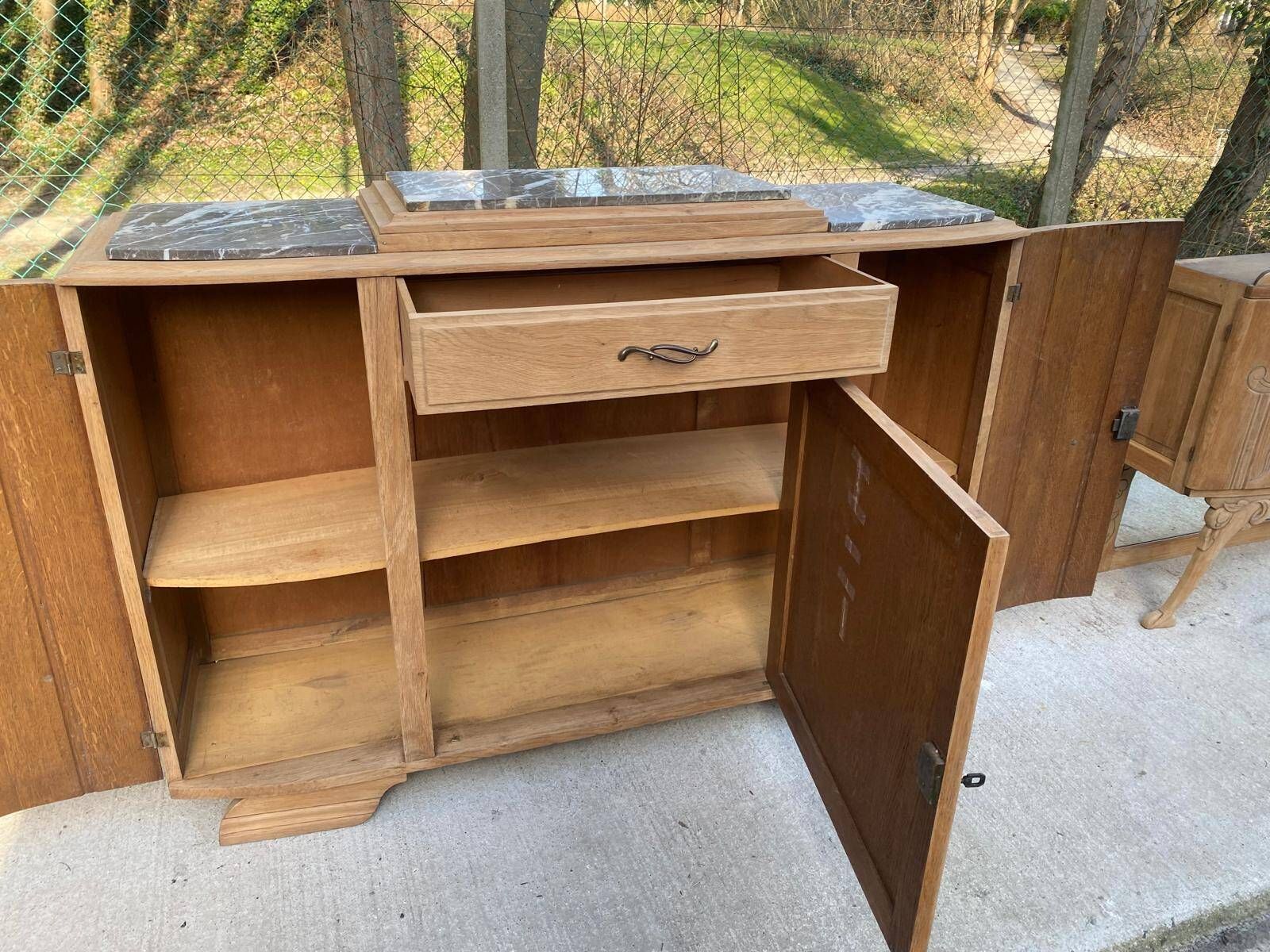 Parisian art deco 2-part buffet renovated in solid oak and marble 1940