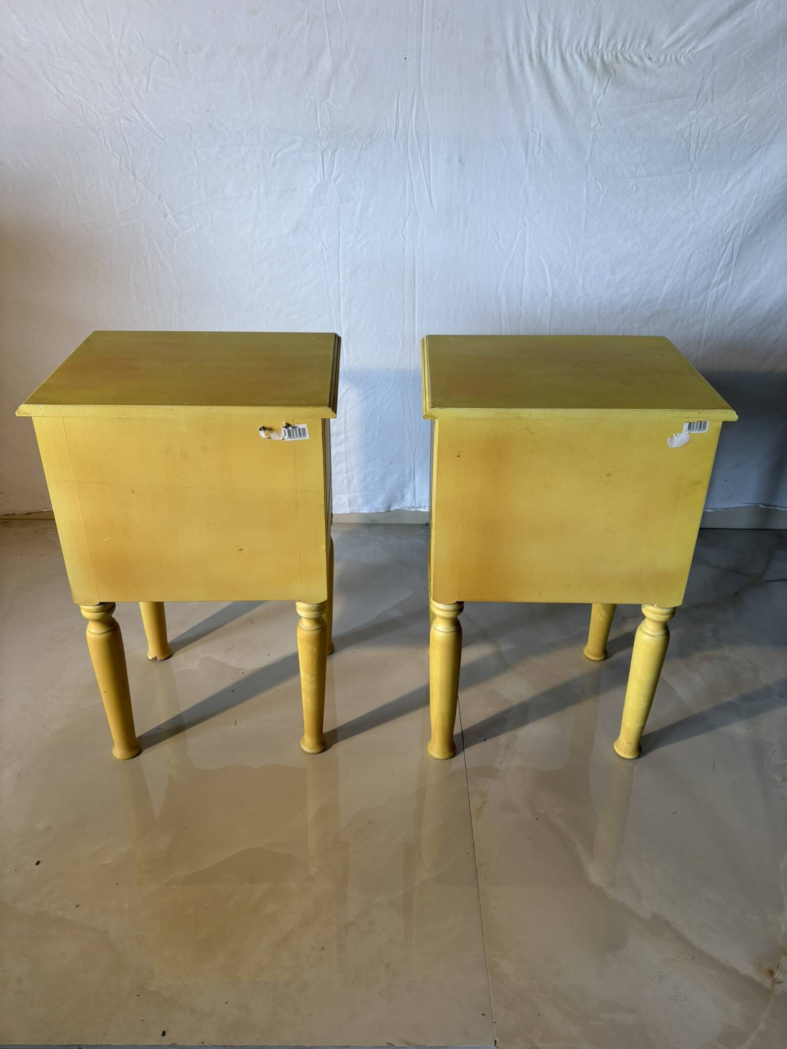 Pair of vintage carved wooden bedside tables – Sunny yellow finish