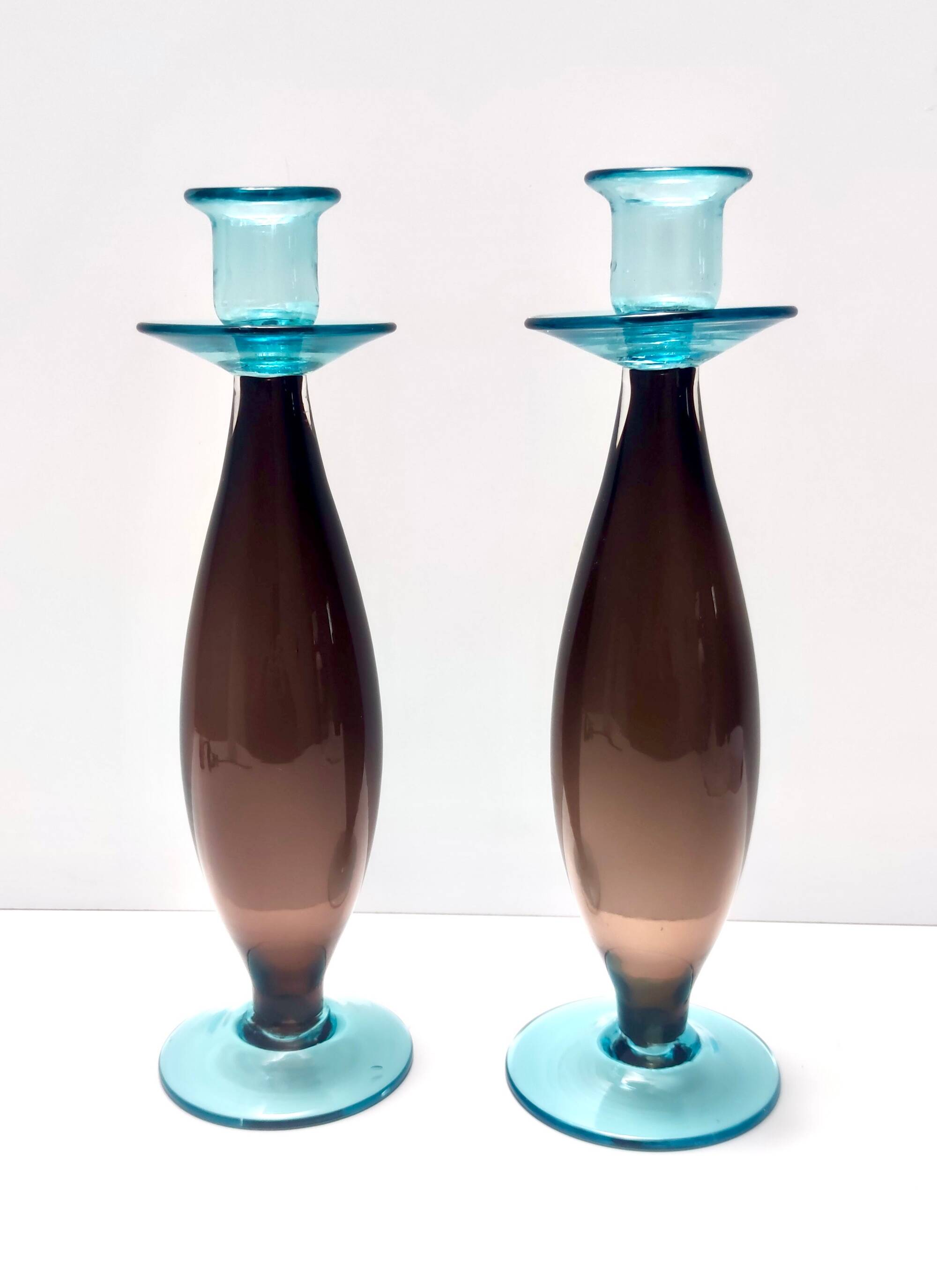 Pair of Brown and Aquamarine Murano Glass Candleholders, Italy