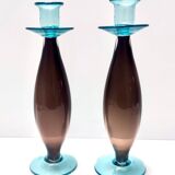 Pair of Brown and Aquamarine Murano Glass Candleholders, Italy