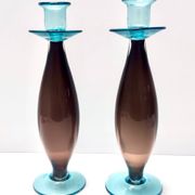 Pair of Brown and Aquamarine Murano Glass Candleholders, Italy