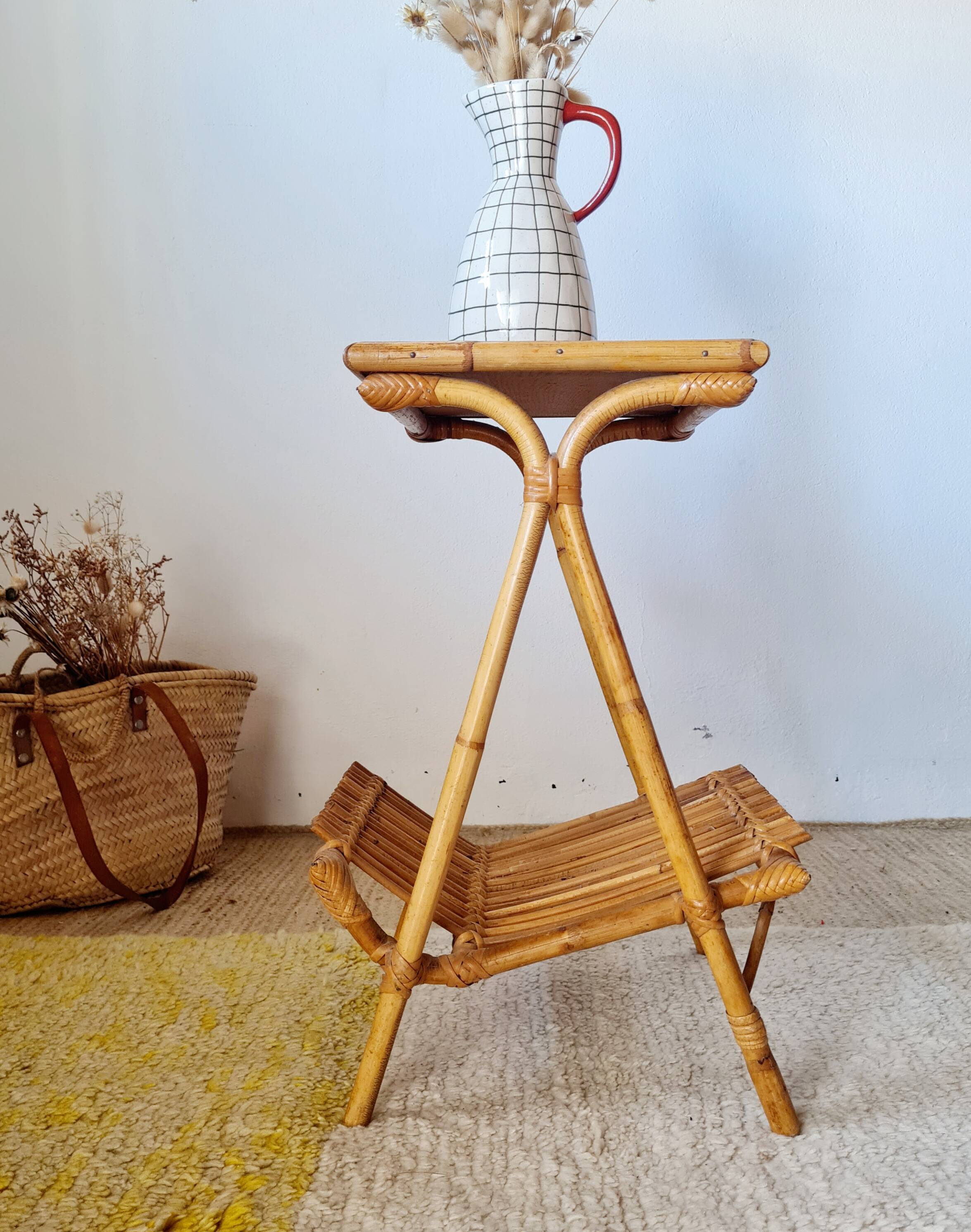 Vintage rattan and bamboo side table – 1960s Riviera style -