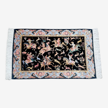 Indo-Persian silk carpet hunting scene