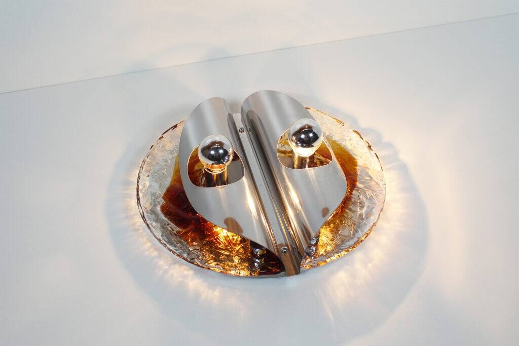 Stunning large pair of Murano glass and chrome wall lights by Mazzega