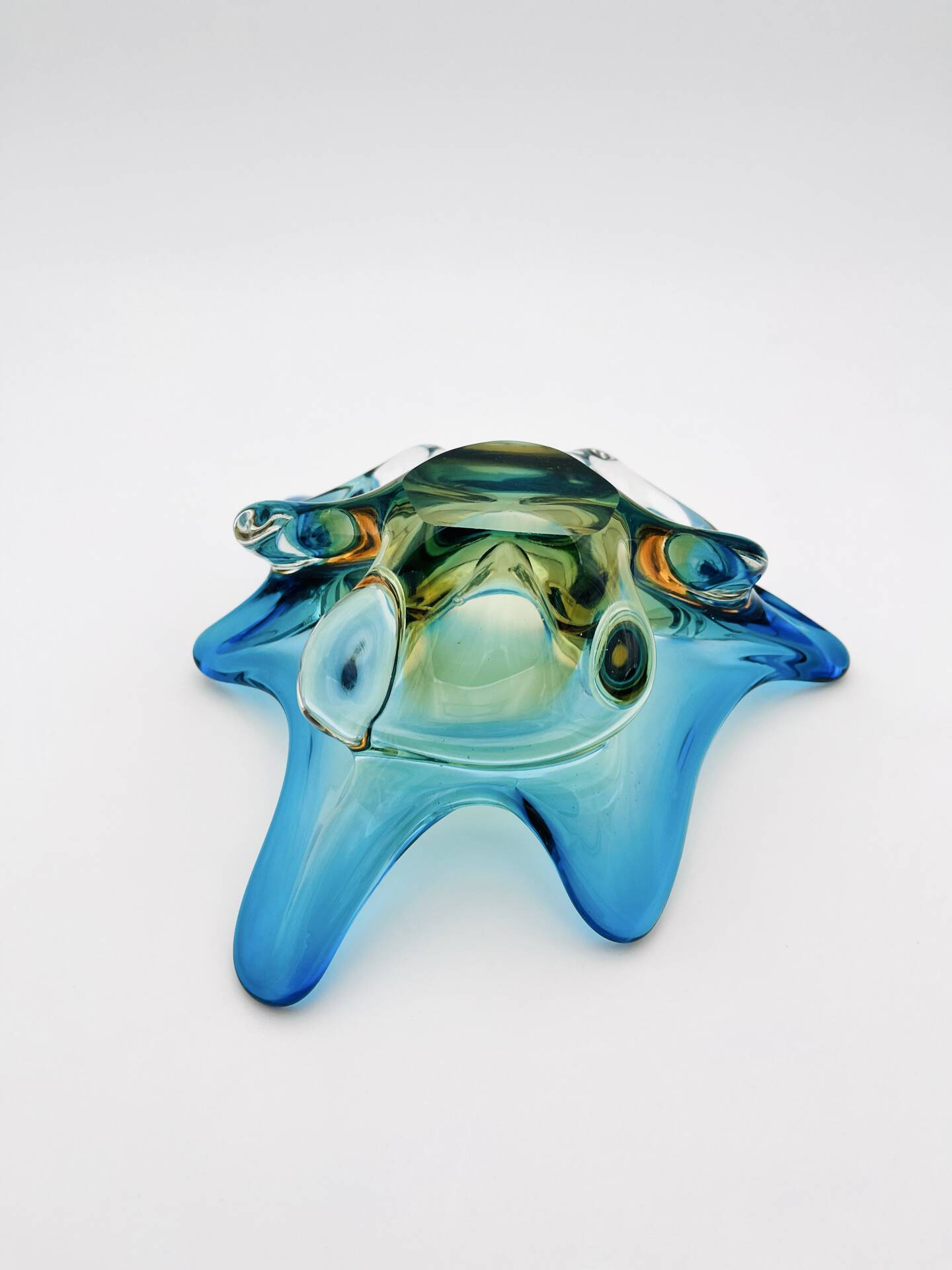 Murano Sommerso Blue Amber Sculpture Bowl 23cm